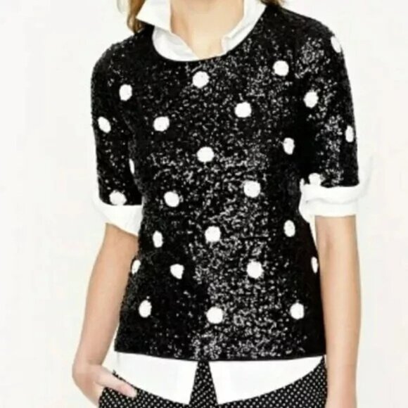 J. Crew Tops - J. Crew Black Ivory Polka Dot Womens Scoop Neck Sequin Top Festive Party Size S